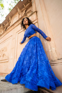 Royal Blue Sheer Floral Net Lehenga Set with Full-Sleeve Blouse!