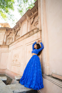 Royal Blue Sheer Floral Net Lehenga Set with Full-Sleeve Blouse!