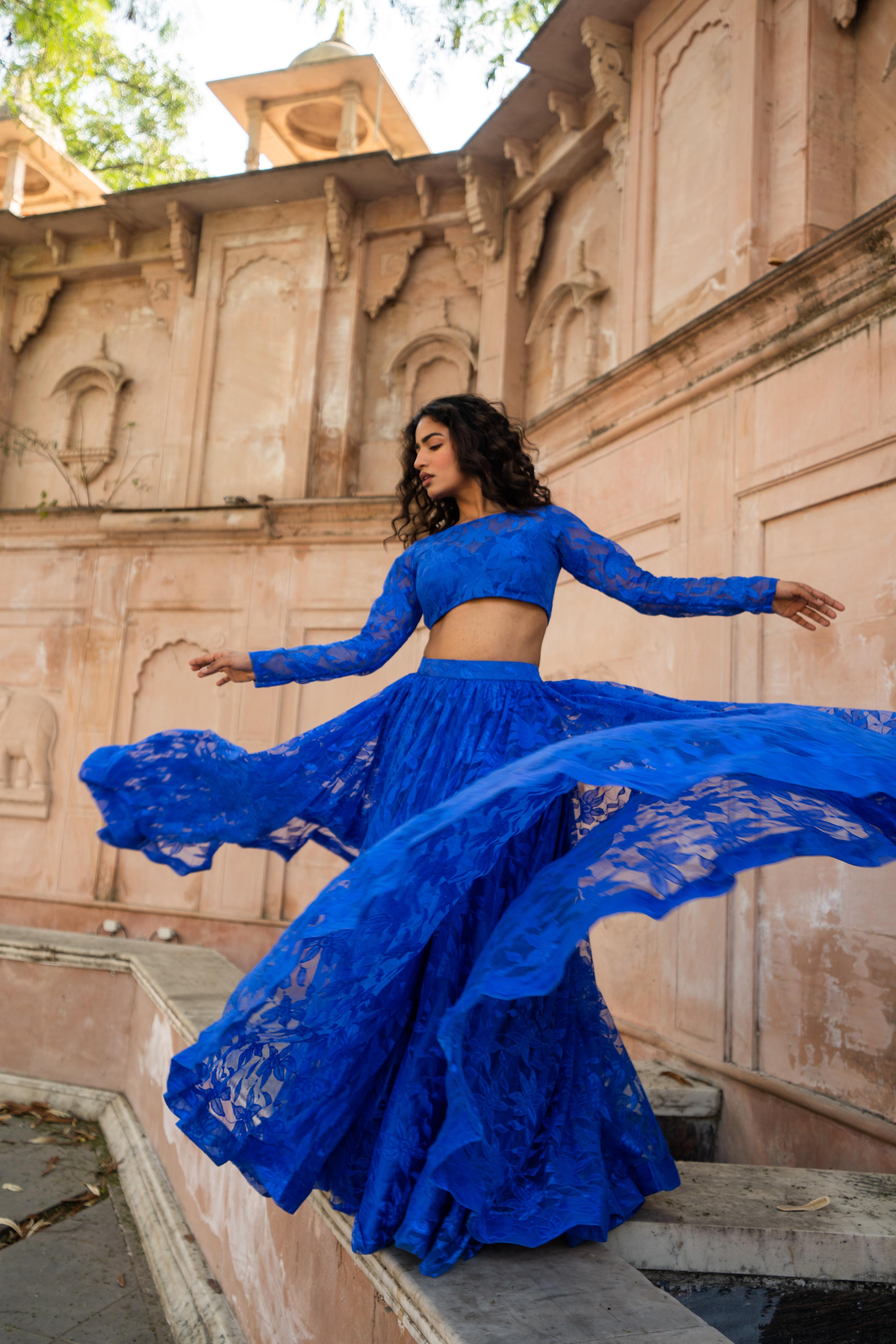 Royal Blue Sheer Floral Net Lehenga Set with Full-Sleeve Blouse!