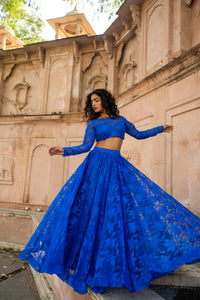 Royal Blue Sheer Floral Net Lehenga Set with Full-Sleeve Blouse!