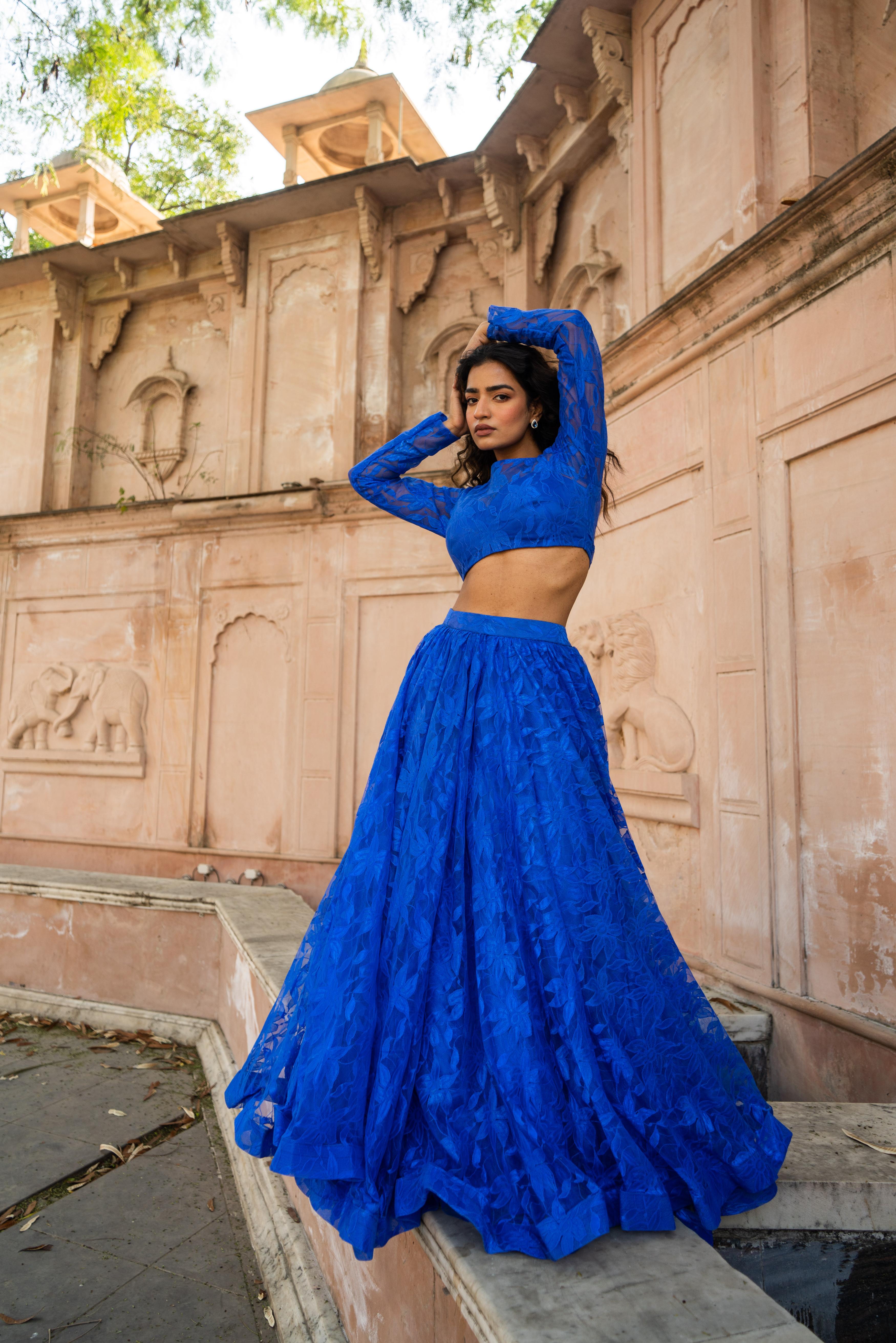 Royal Blue Sheer Floral Net Lehenga Set with Full-Sleeve Blouse!