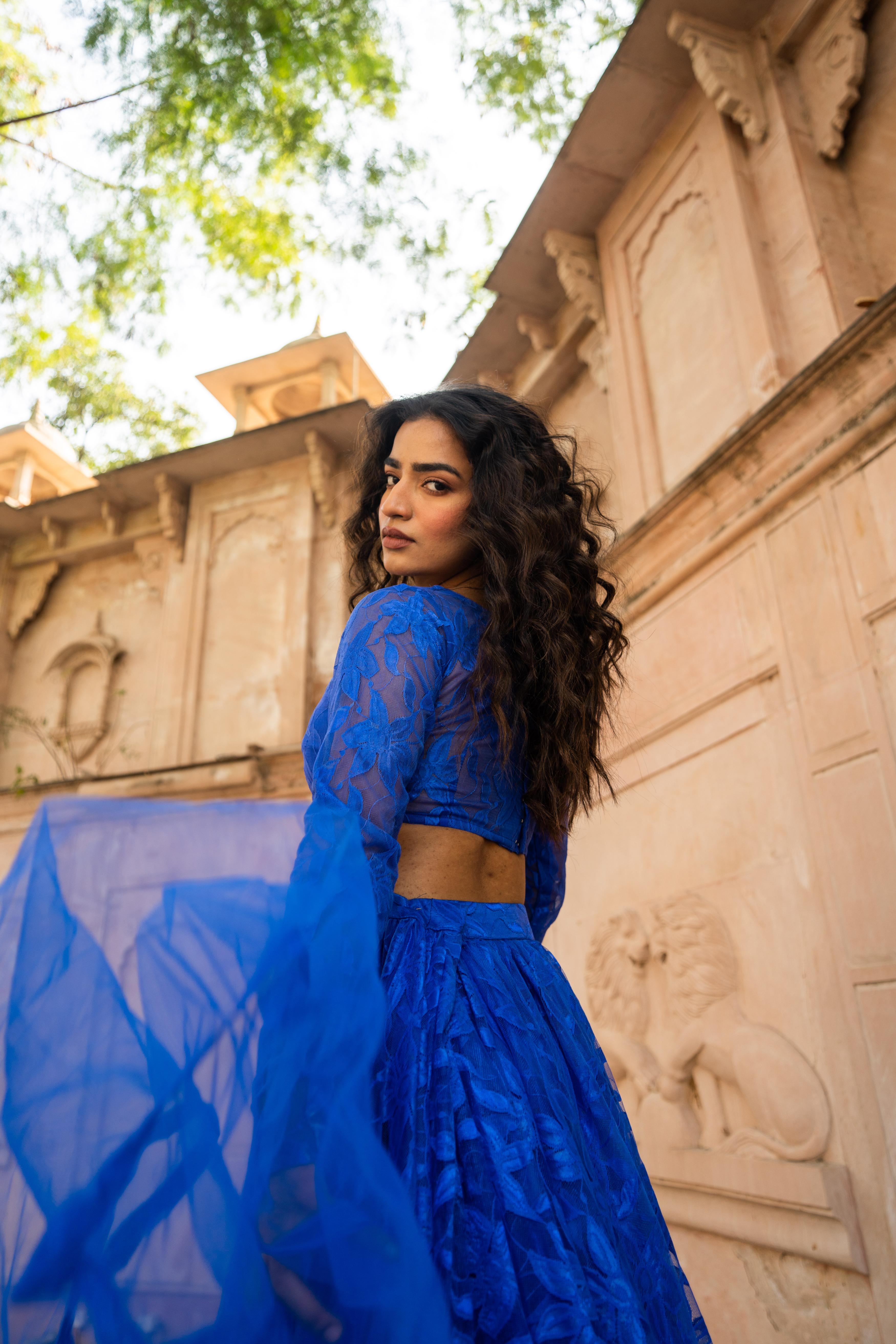 Royal Blue Sheer Floral Net Lehenga Set with Full-Sleeve Blouse!