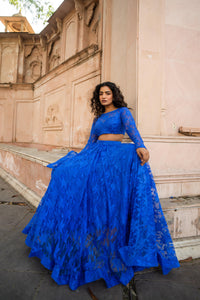 Royal Blue Sheer Floral Net Lehenga Set with Full-Sleeve Blouse!