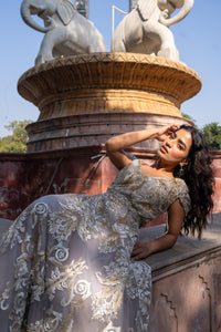 Smoky-Grey Embroidered Tulle Evening Gown!