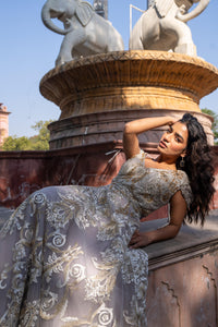 Smoky-Grey Embroidered Tulle Evening Gown!