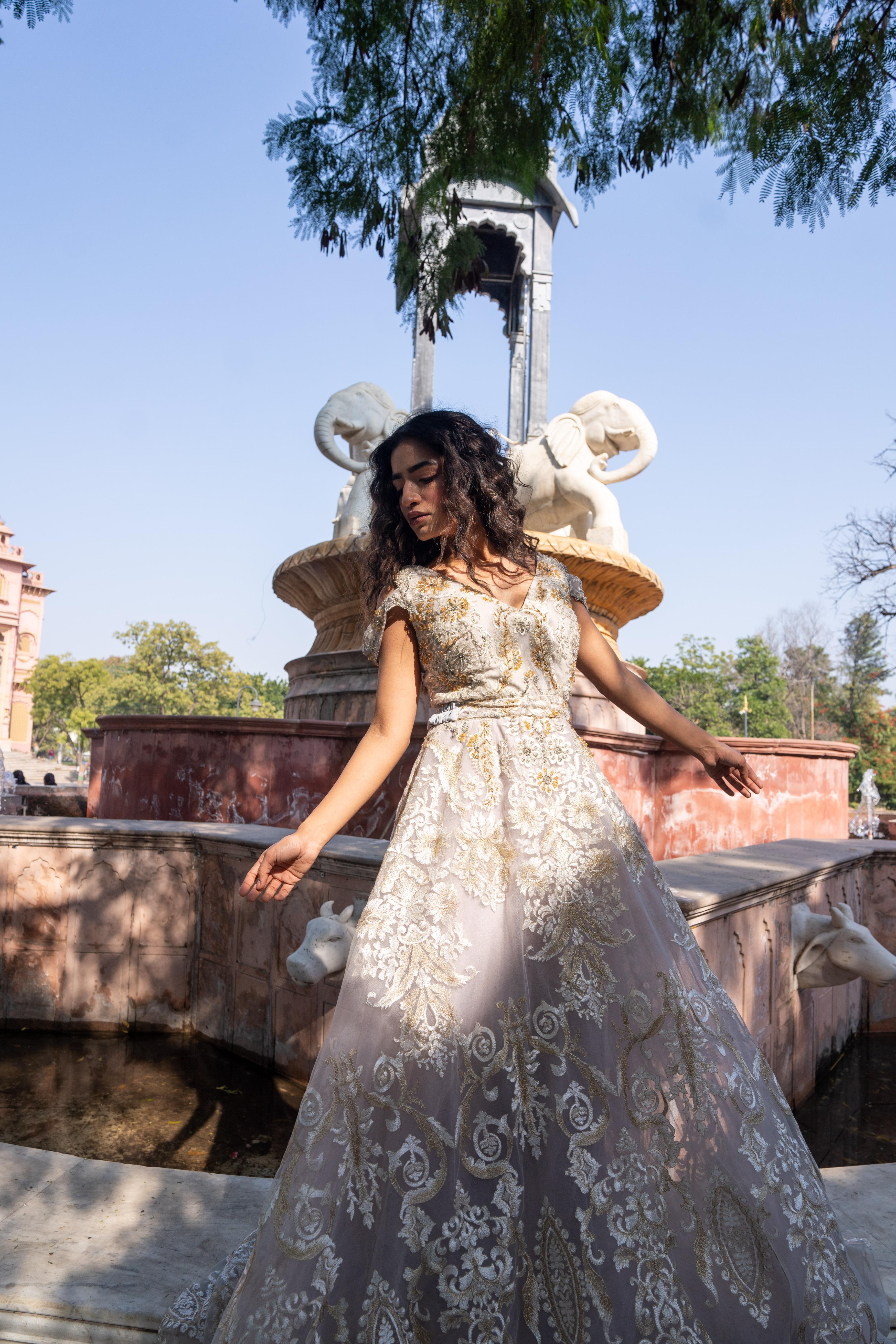 Smoky-Grey Embroidered Tulle Evening Gown!