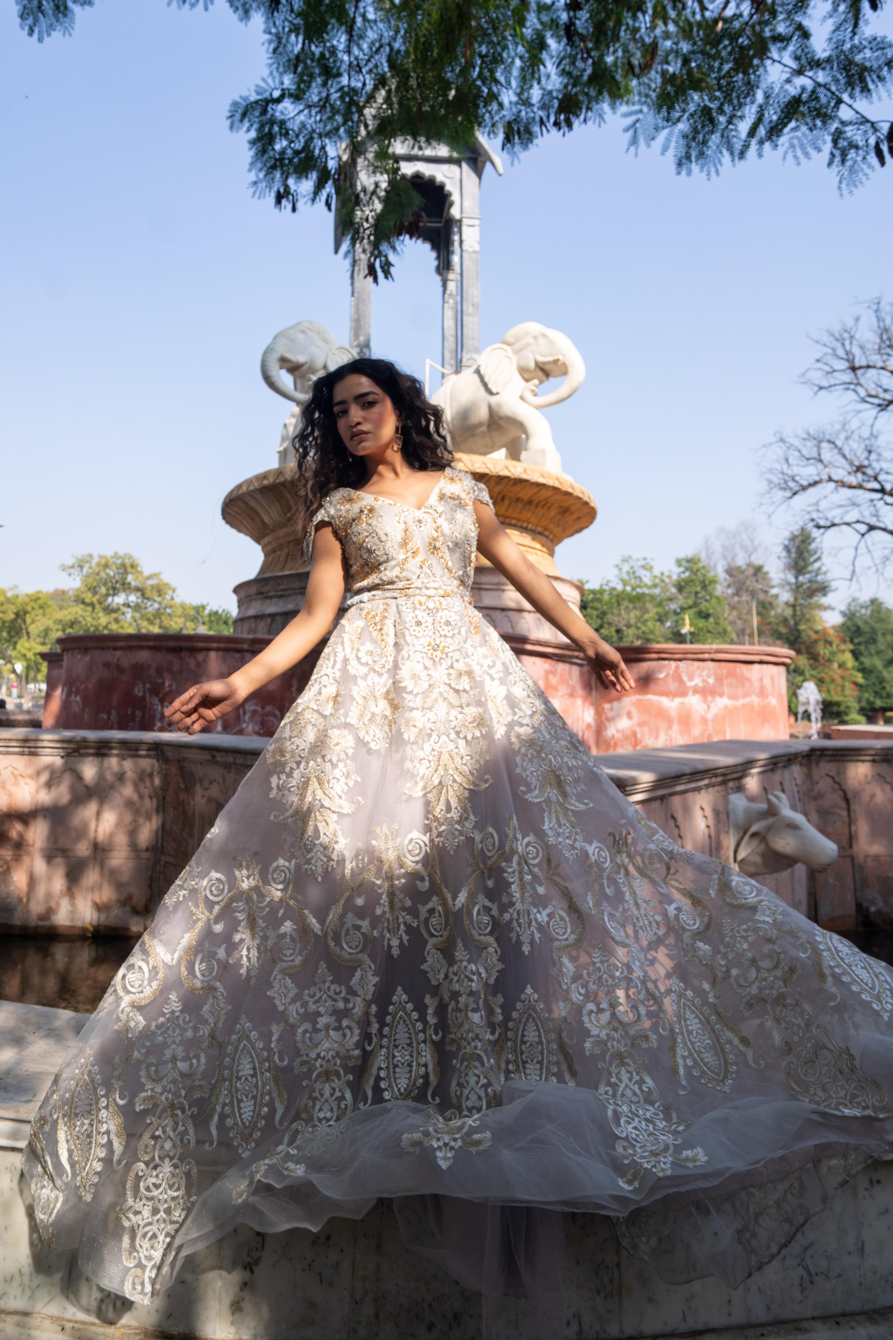 Smoky-Grey Embroidered Tulle Evening Gown!