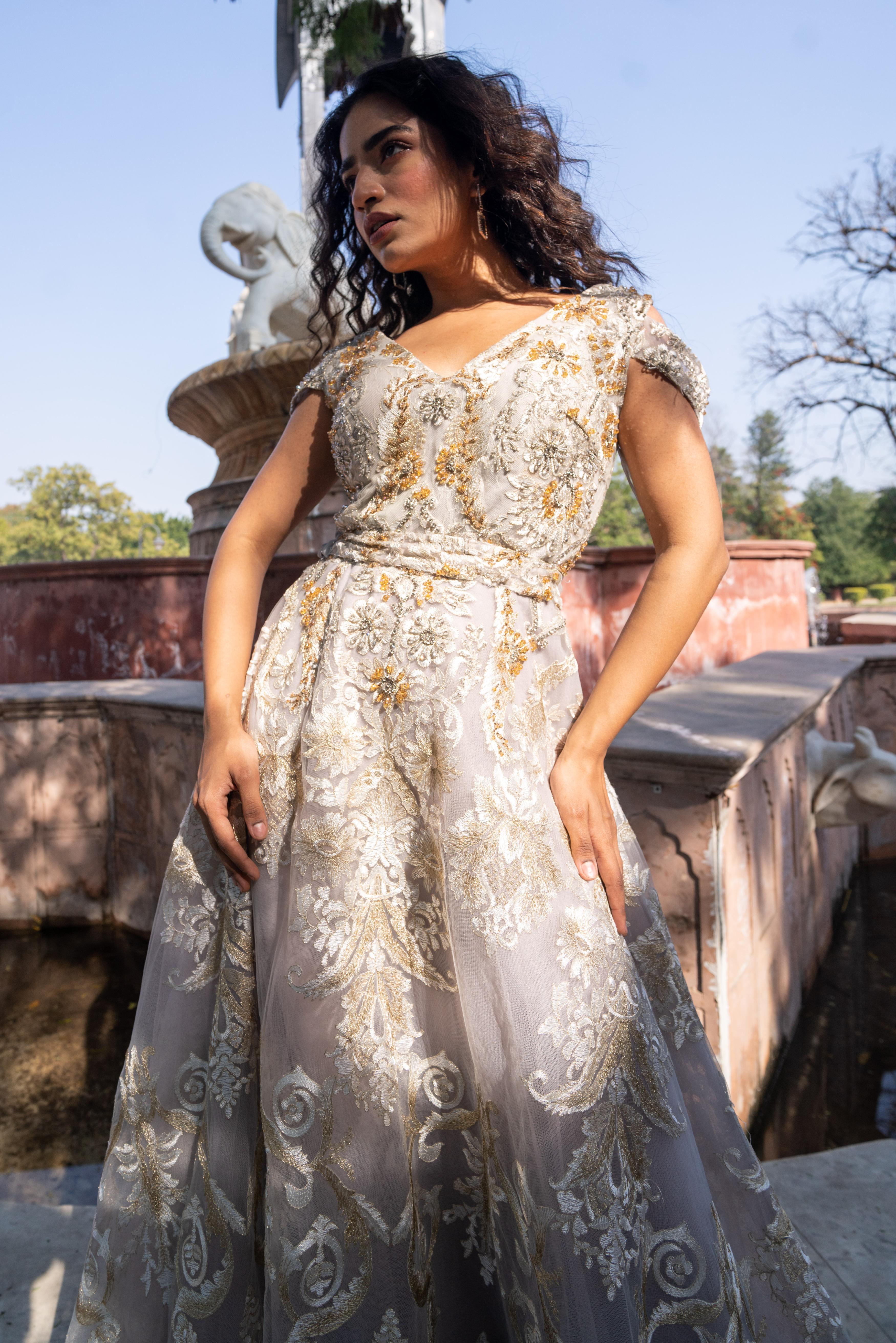 Smoky-Grey Embroidered Tulle Evening Gown!