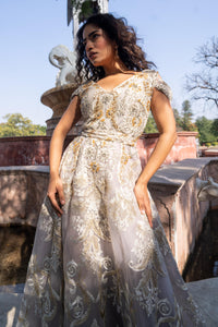 Smoky-Grey Embroidered Tulle Evening Gown!
