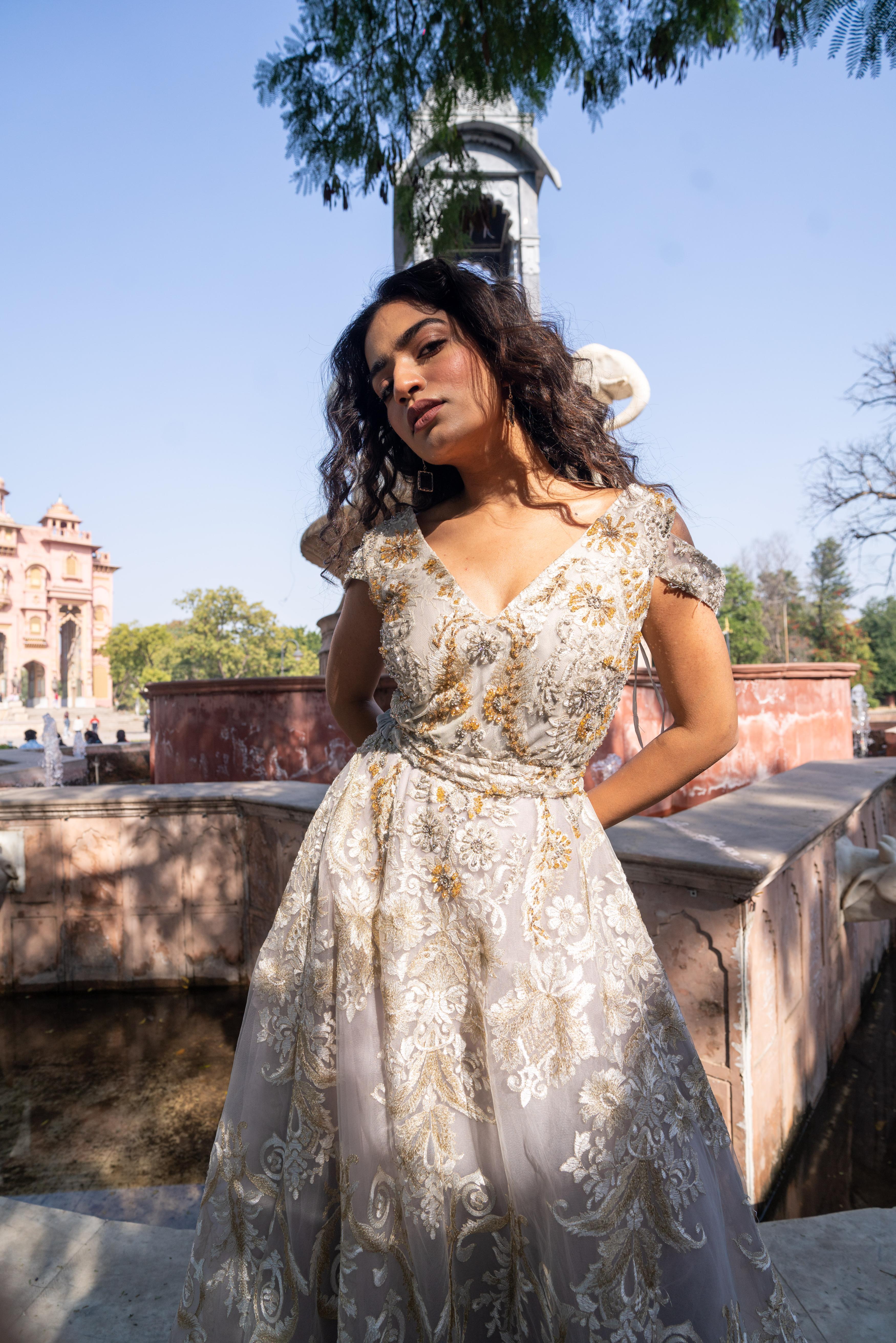 Smoky-Grey Embroidered Tulle Evening Gown!