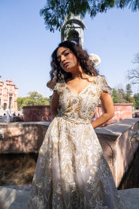 Smoky-Grey Embroidered Tulle Evening Gown!