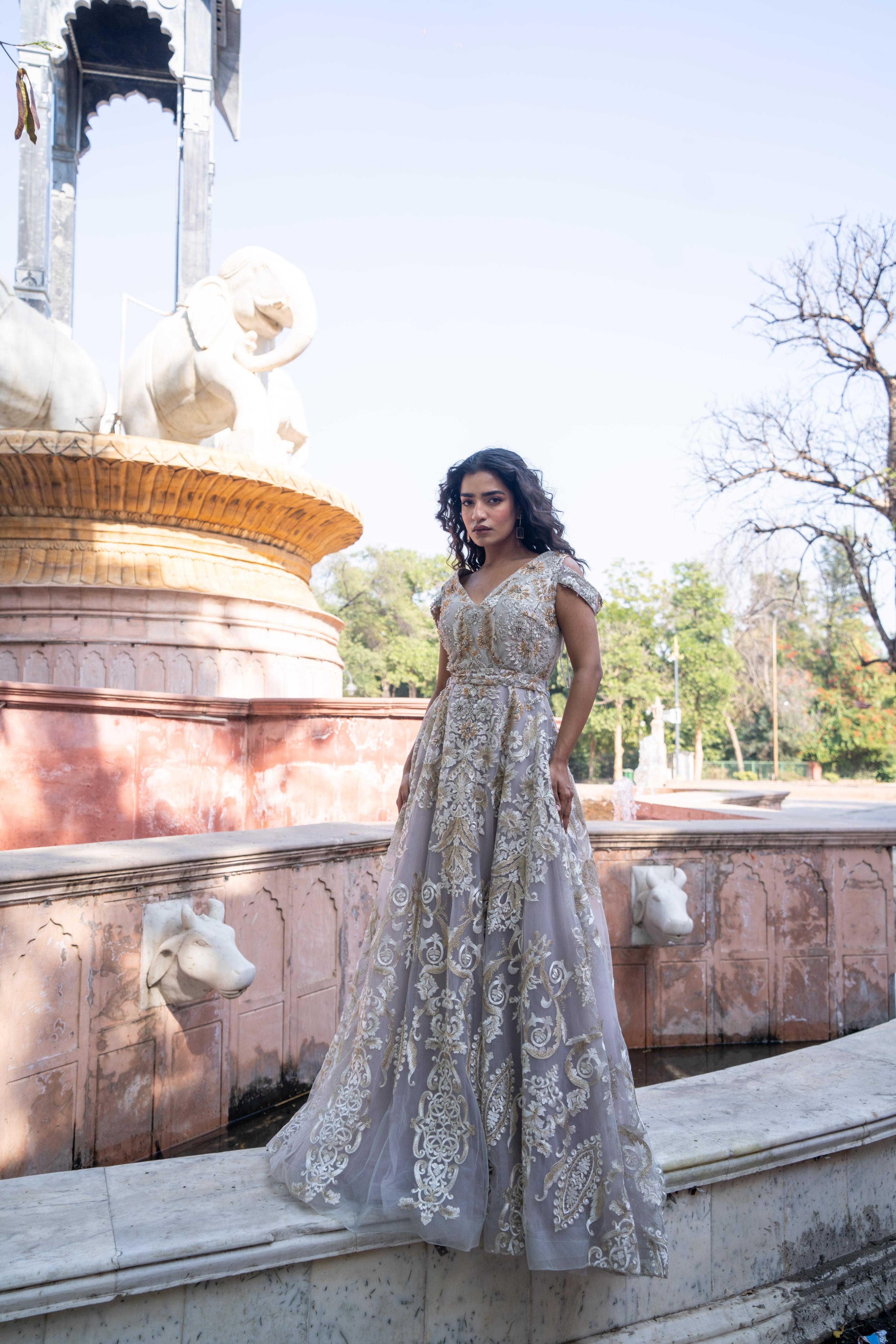 Smoky-Grey Embroidered Tulle Evening Gown!