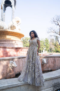 Smoky-Grey Embroidered Tulle Evening Gown!