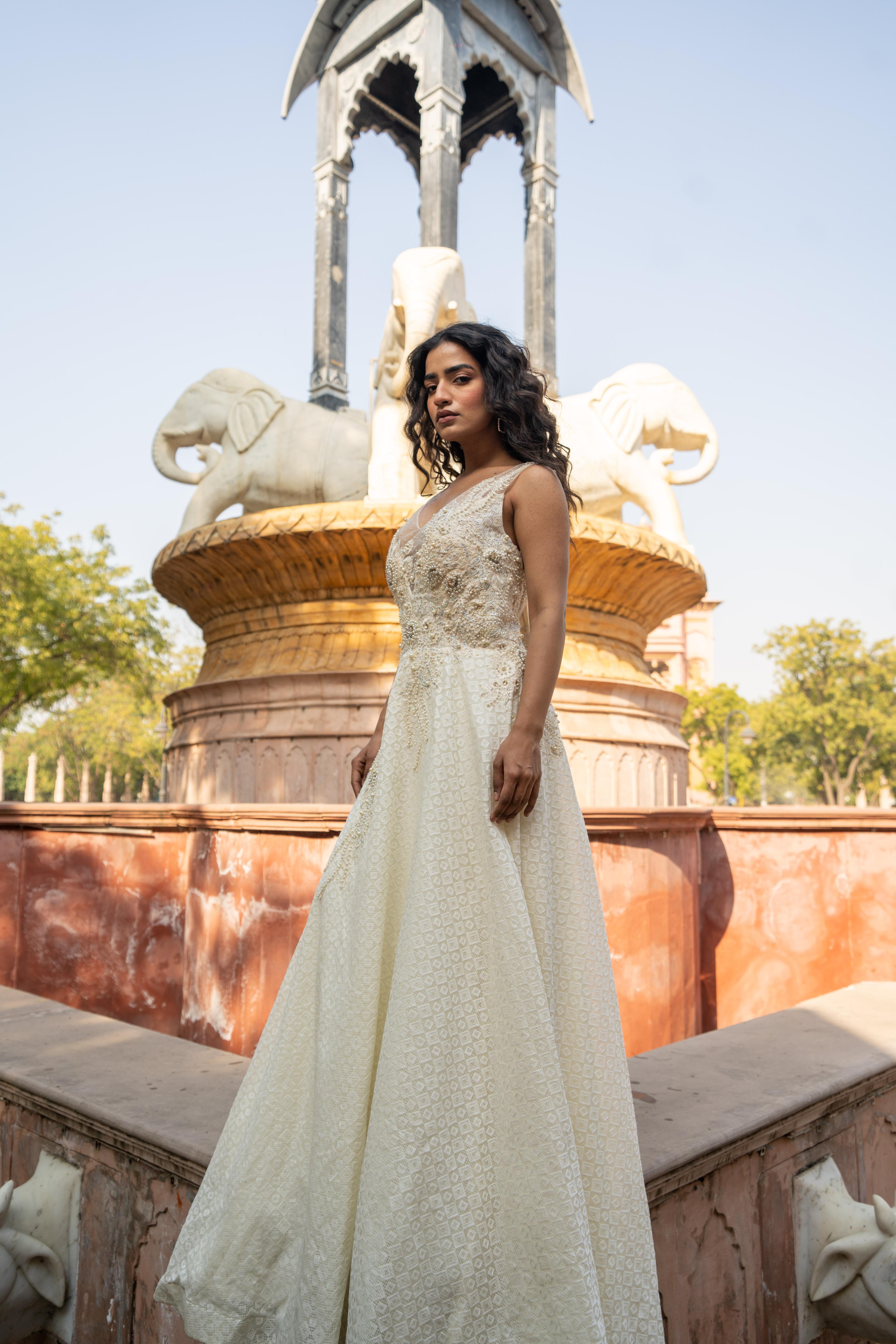 Cream Brocade & Sequin Evening Gown!