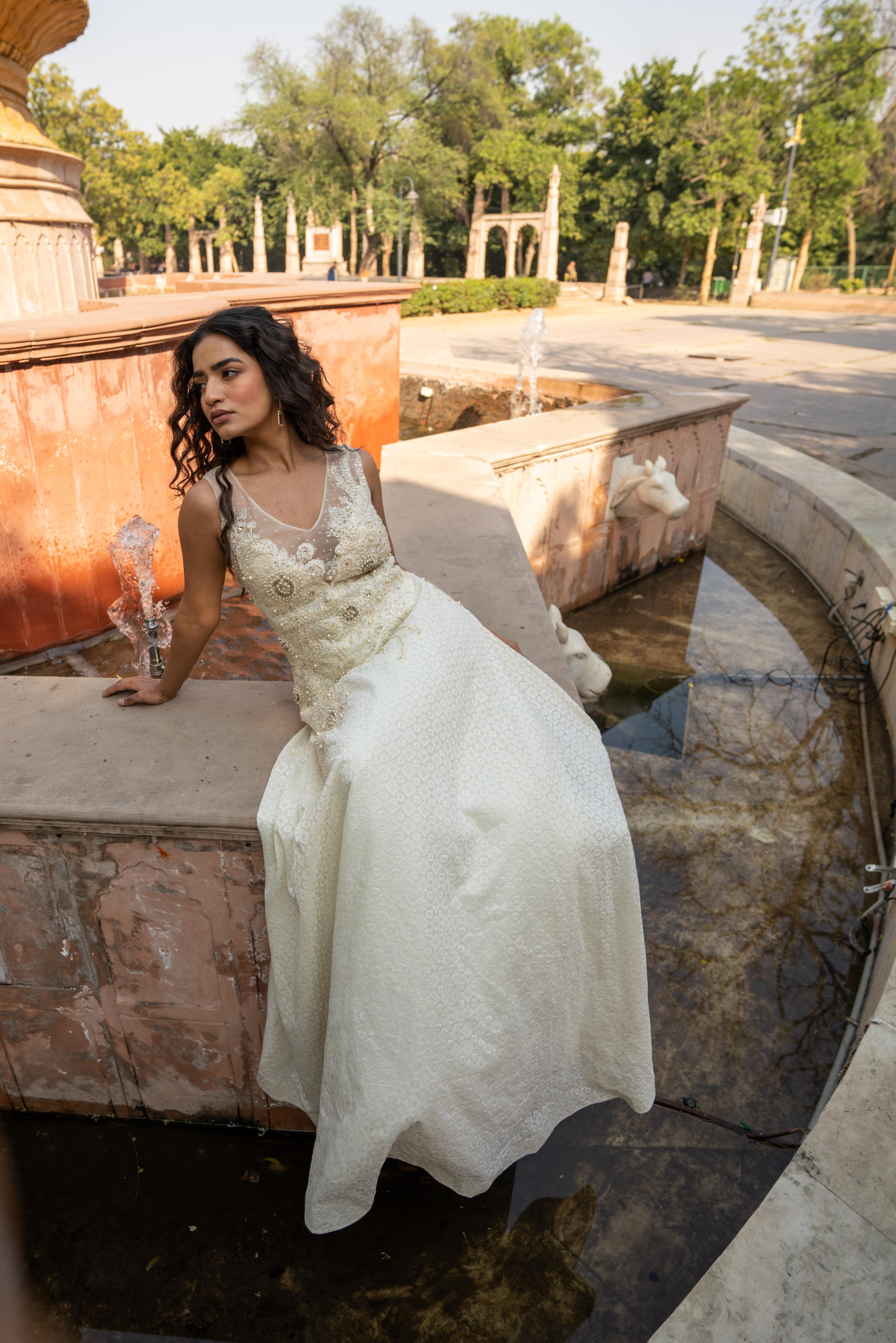 Cream Brocade & Sequin Evening Gown!