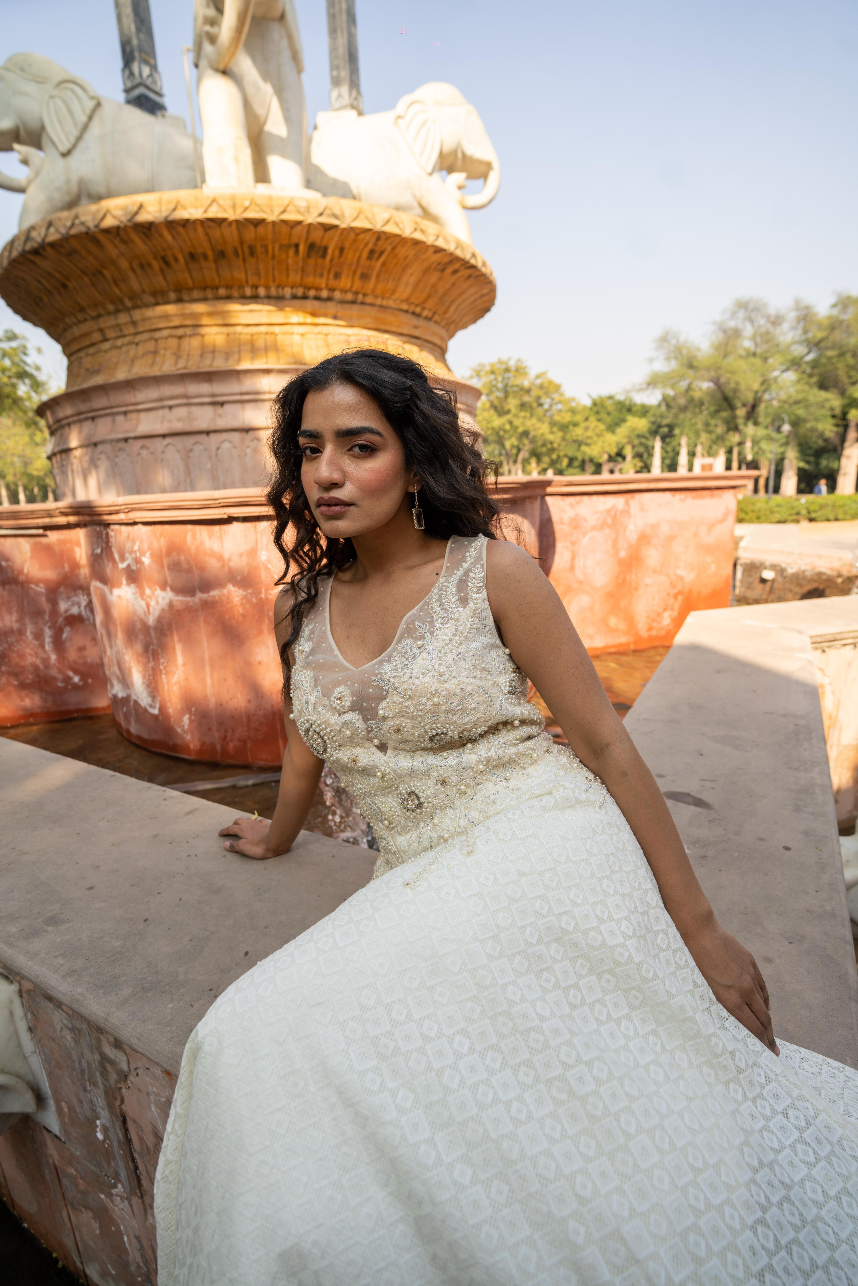 Cream Brocade & Sequin Evening Gown!