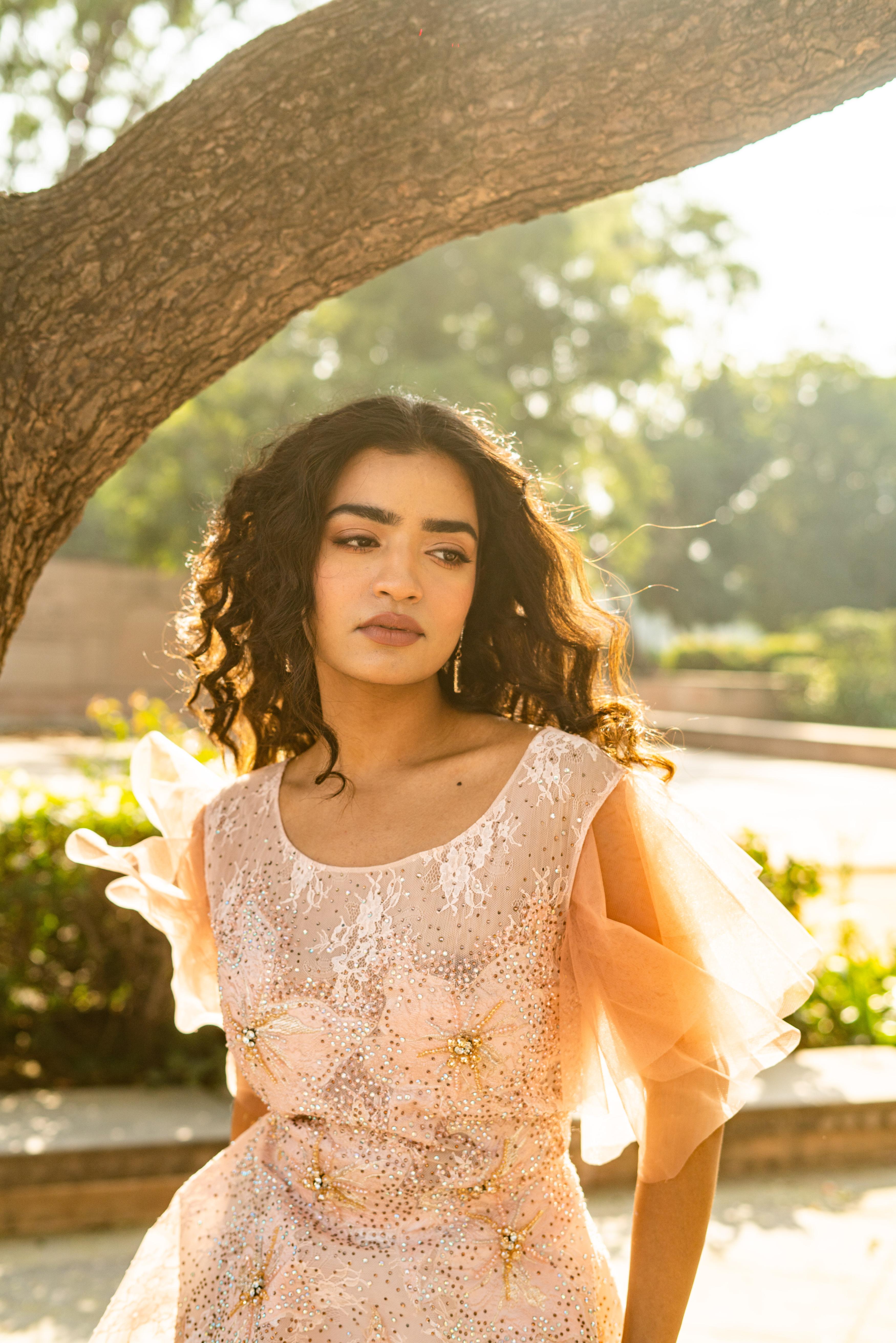 Blush Peach Layered Evening Gown with Ruffle Sleeves!