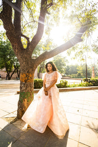 Blush Peach Layered Evening Gown with Ruffle Sleeves!