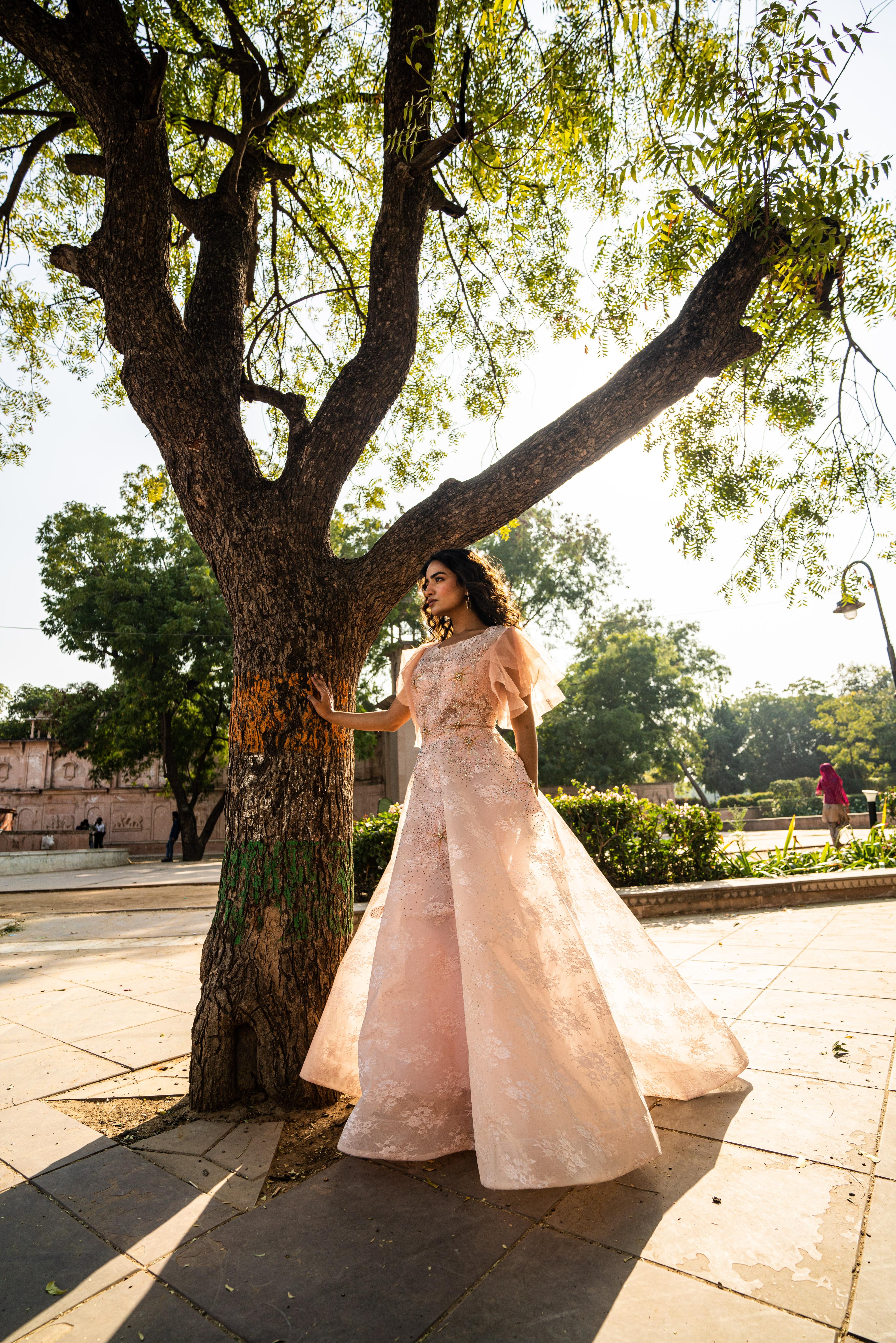 Blush Peach Layered Evening Gown with Ruffle Sleeves!