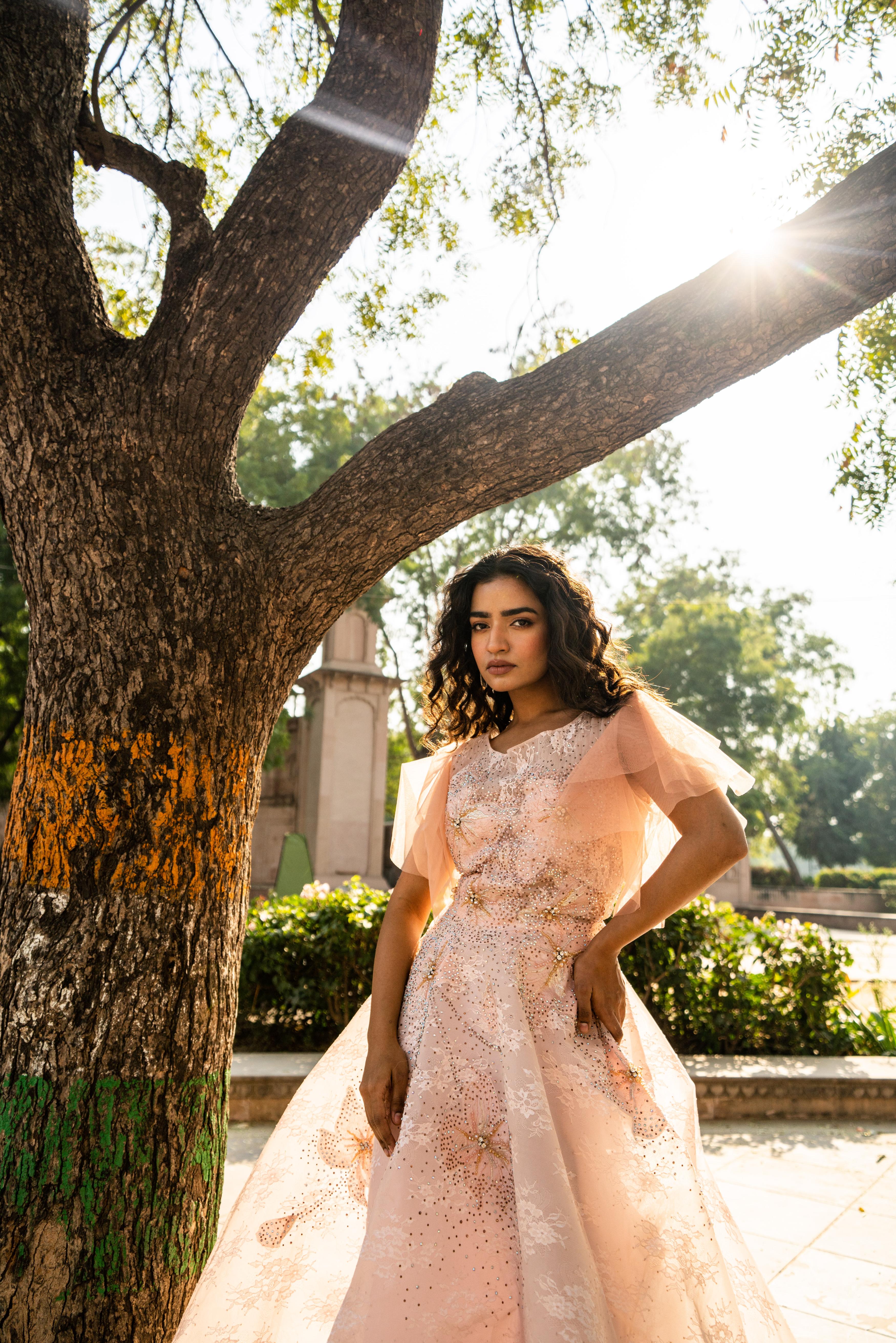 Blush Peach Layered Evening Gown with Ruffle Sleeves!