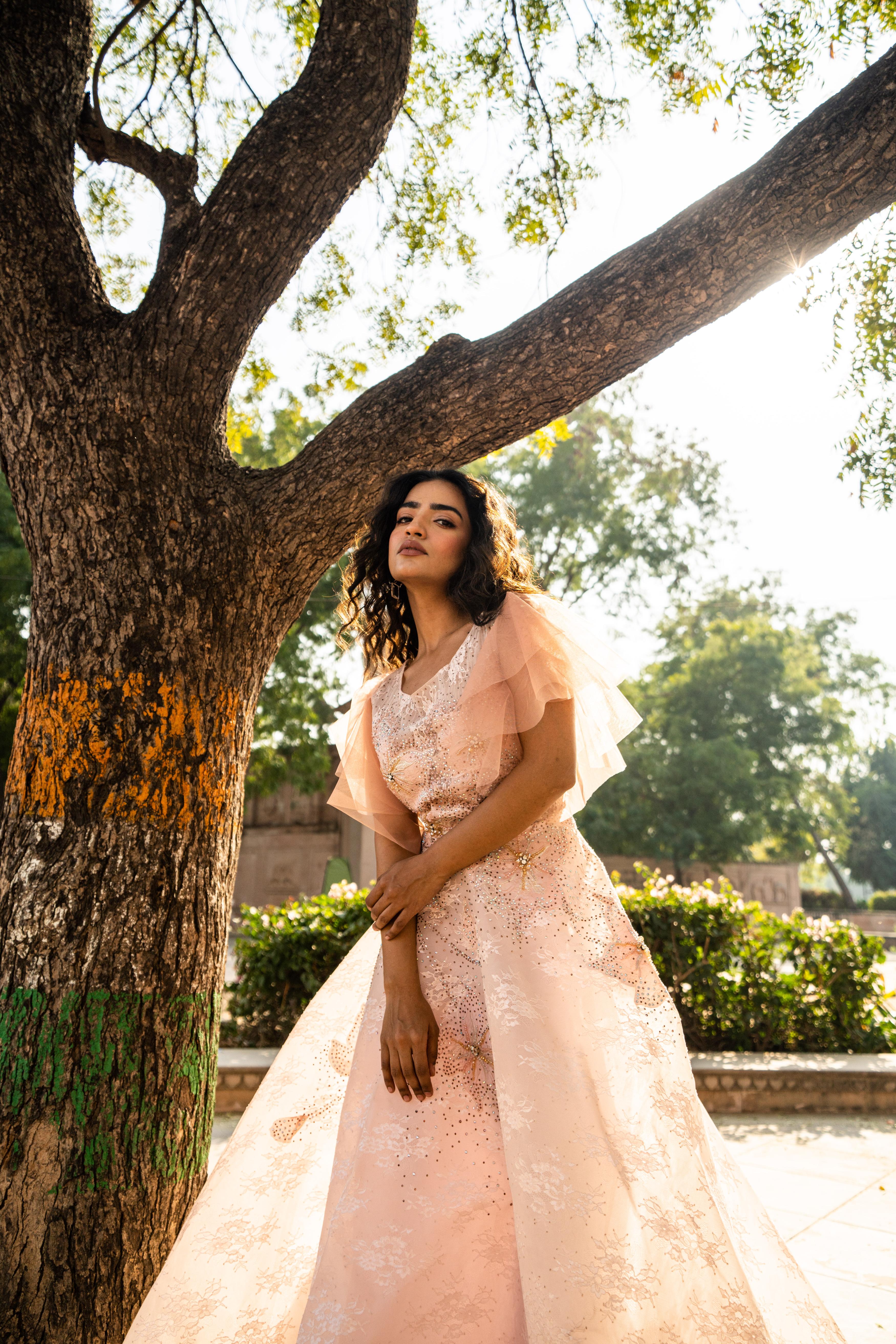 Blush Peach Layered Evening Gown with Ruffle Sleeves!