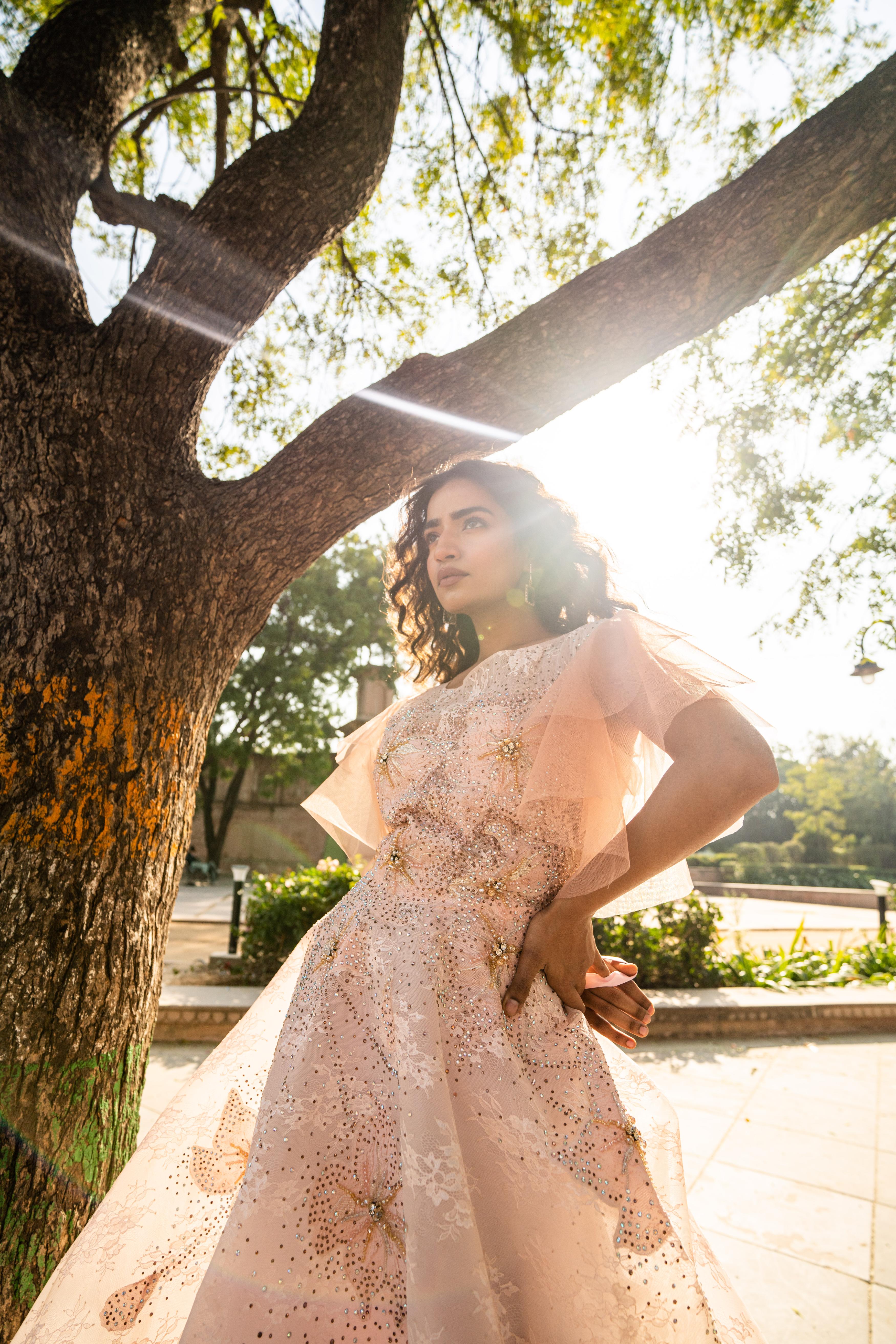 Blush Peach Layered Evening Gown with Ruffle Sleeves!