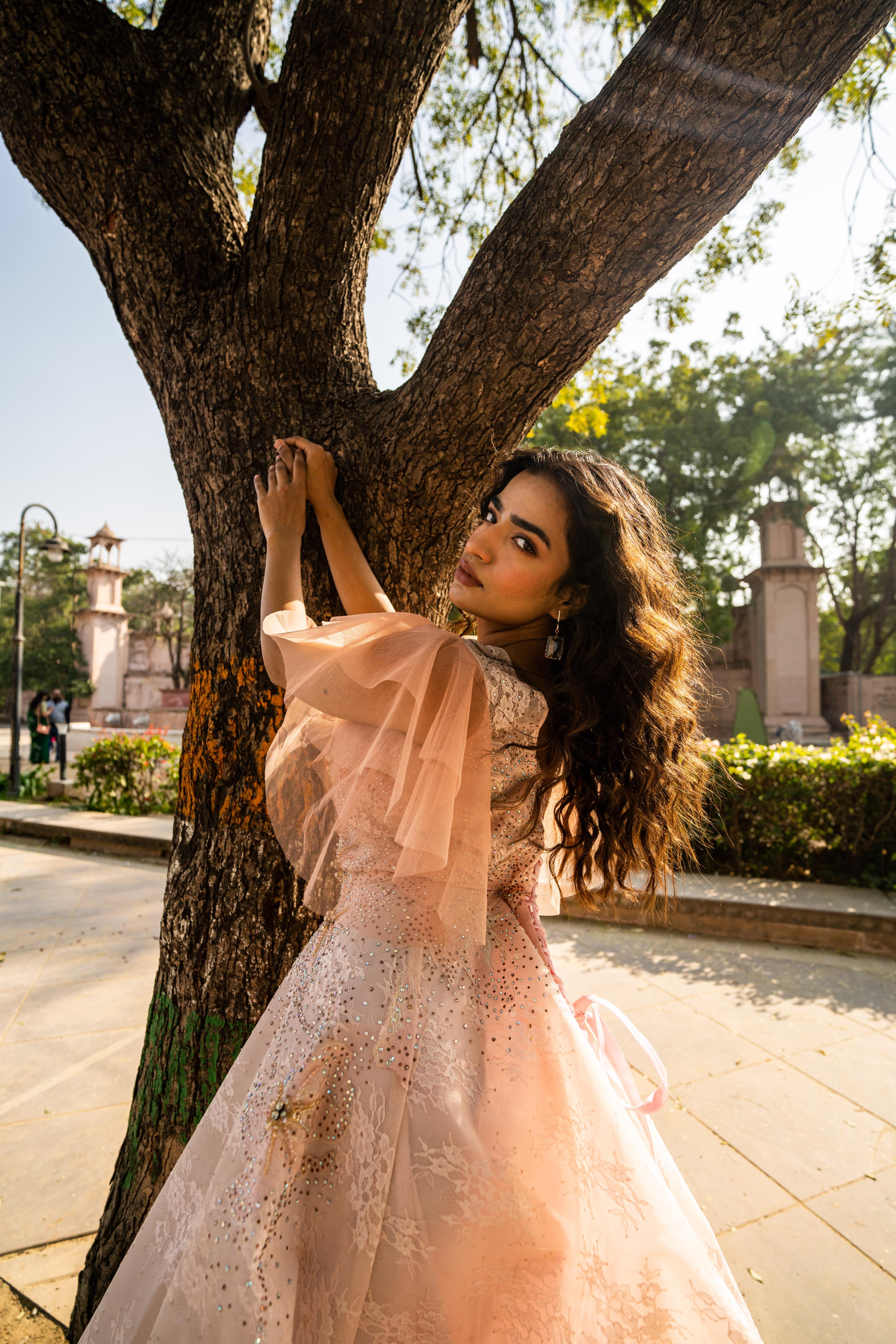 Blush Peach Layered Evening Gown with Ruffle Sleeves!