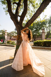 Blush Peach Layered Evening Gown with Ruffle Sleeves!