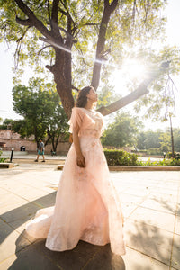 Blush Peach Layered Evening Gown with Ruffle Sleeves!