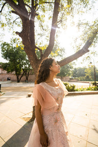 Blush Peach Layered Evening Gown with Ruffle Sleeves!