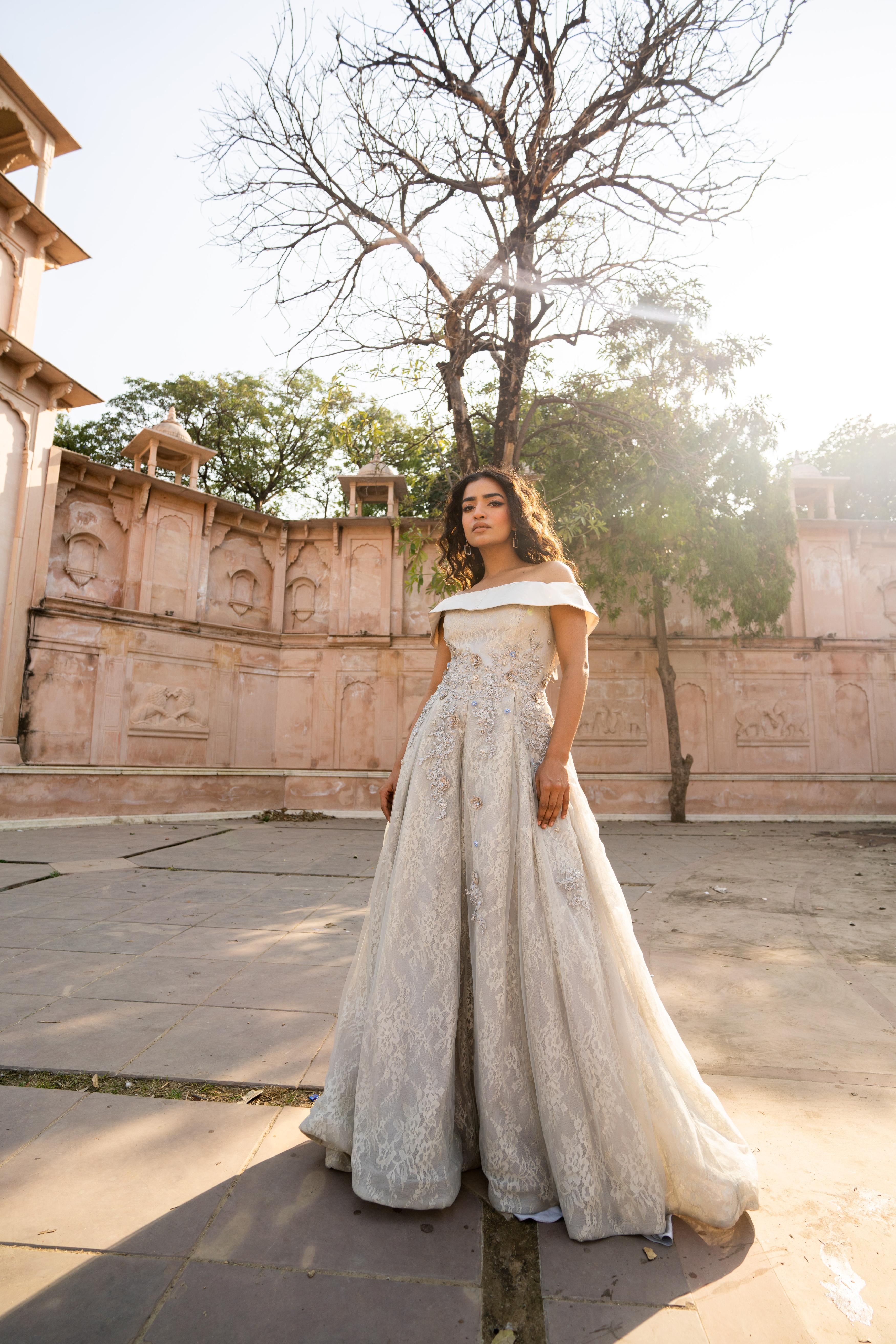 Dove-Grey Off-Shoulder Lace Evening Gown!