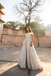 Dove-Grey Off-Shoulder Lace Evening Gown!