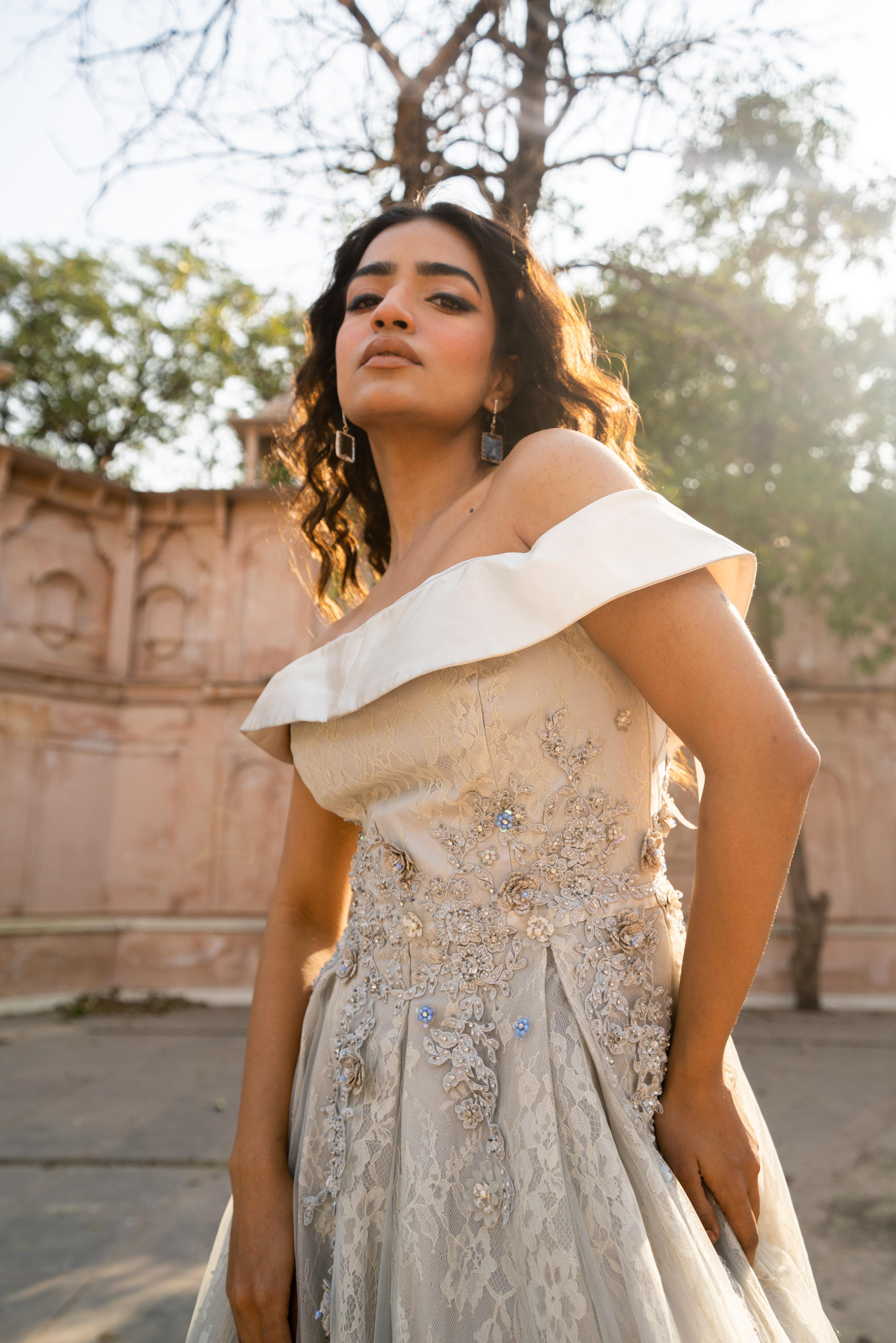 Dove-Grey Off-Shoulder Lace Evening Gown!