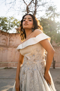 Dove-Grey Off-Shoulder Lace Evening Gown!