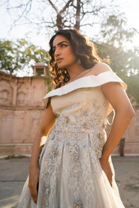 Dove-Grey Off-Shoulder Lace Evening Gown!
