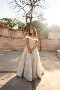 Dove-Grey Off-Shoulder Lace Evening Gown!