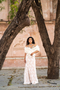 Golden Embellished Bustier & Ivory Lace Mermaid Skirt Set with Faux-Fur Shrug!