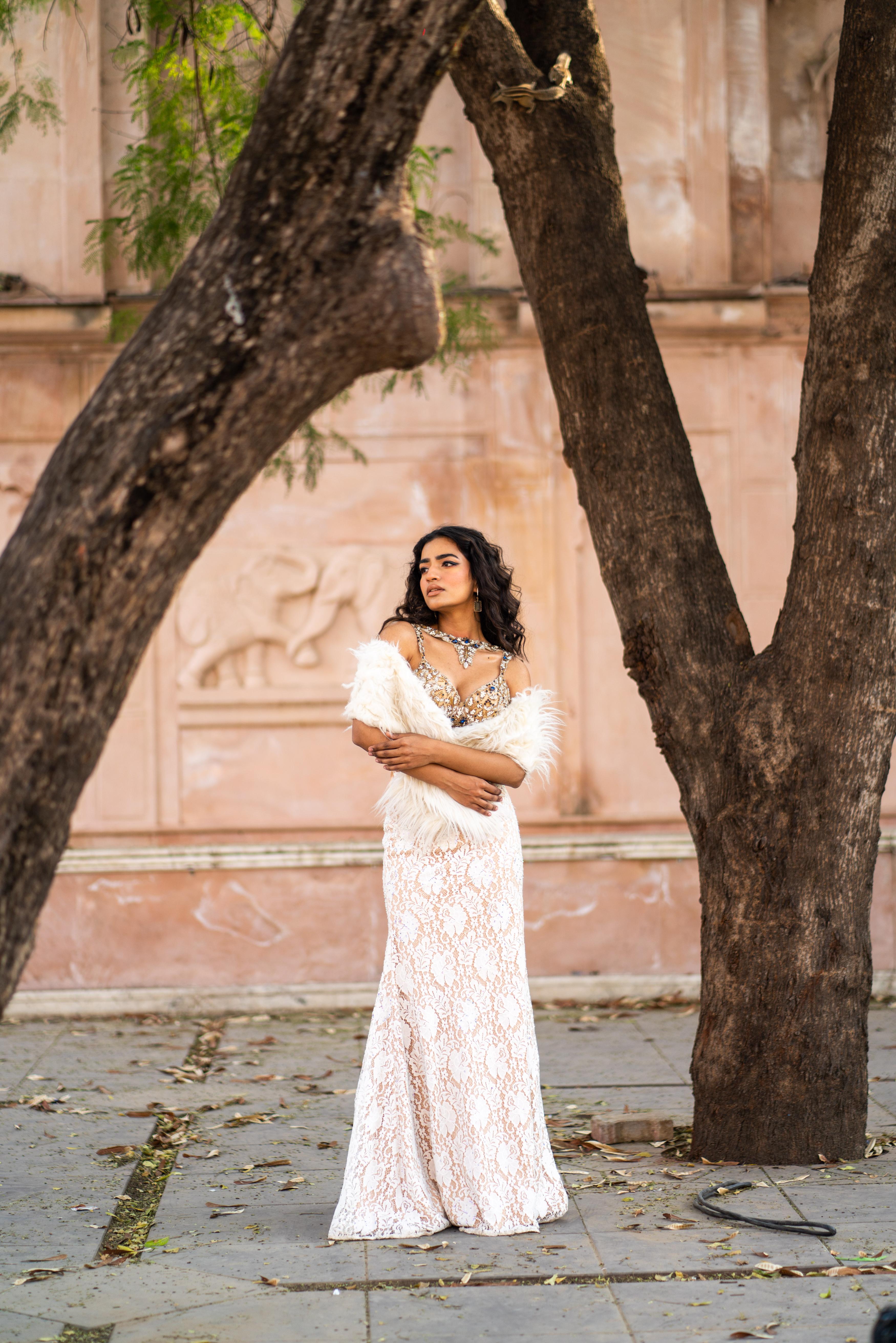 Golden Embellished Bustier & Ivory Lace Mermaid Skirt Set with Faux-Fur Shrug!