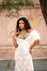 Golden Embellished Bustier & Ivory Lace Mermaid Skirt Set with Faux-Fur Shrug!