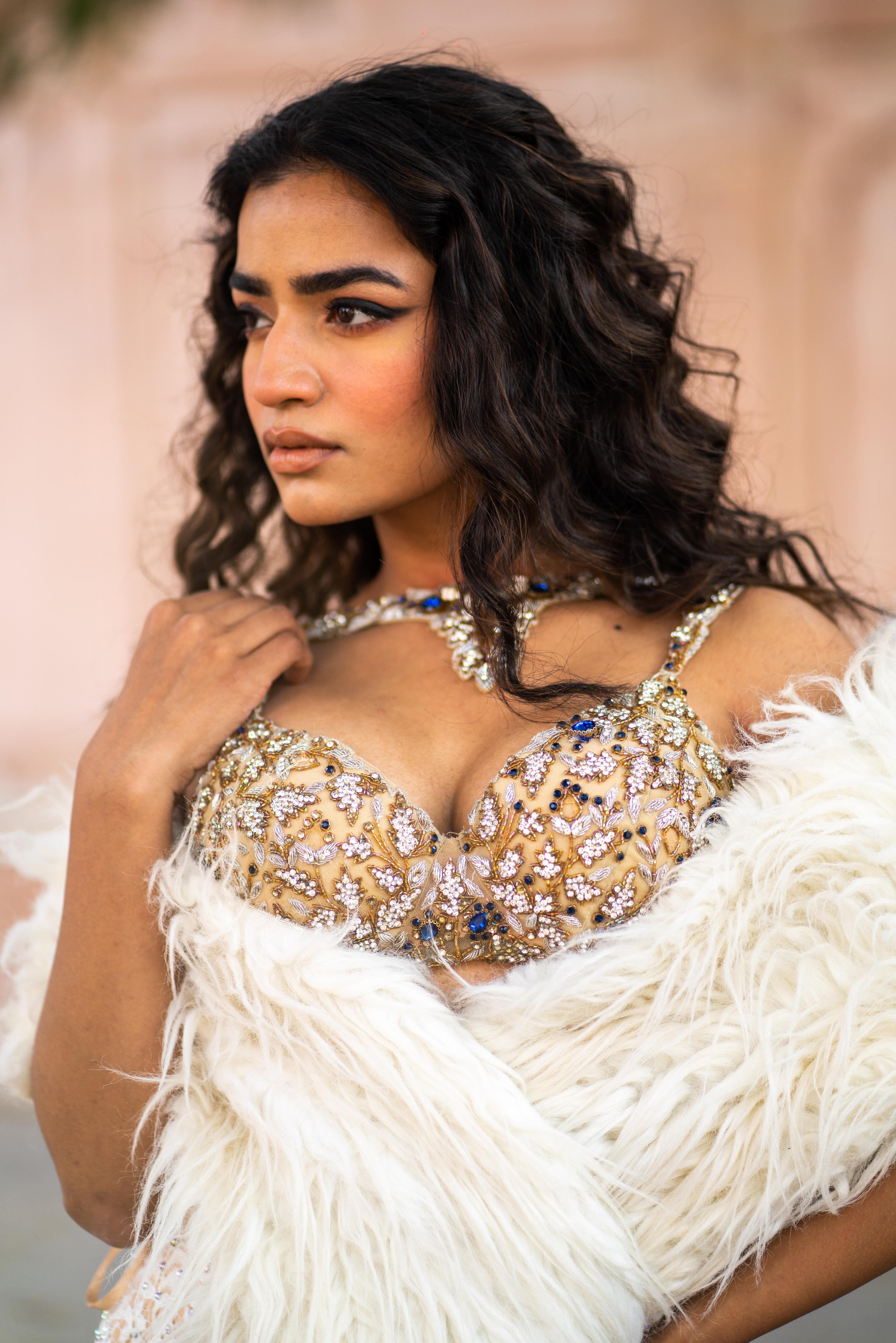 Golden Embellished Bustier & Ivory Lace Mermaid Skirt Set with Faux-Fur Shrug!