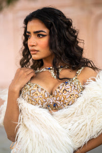 Golden Embellished Bustier & Ivory Lace Mermaid Skirt Set with Faux-Fur Shrug!