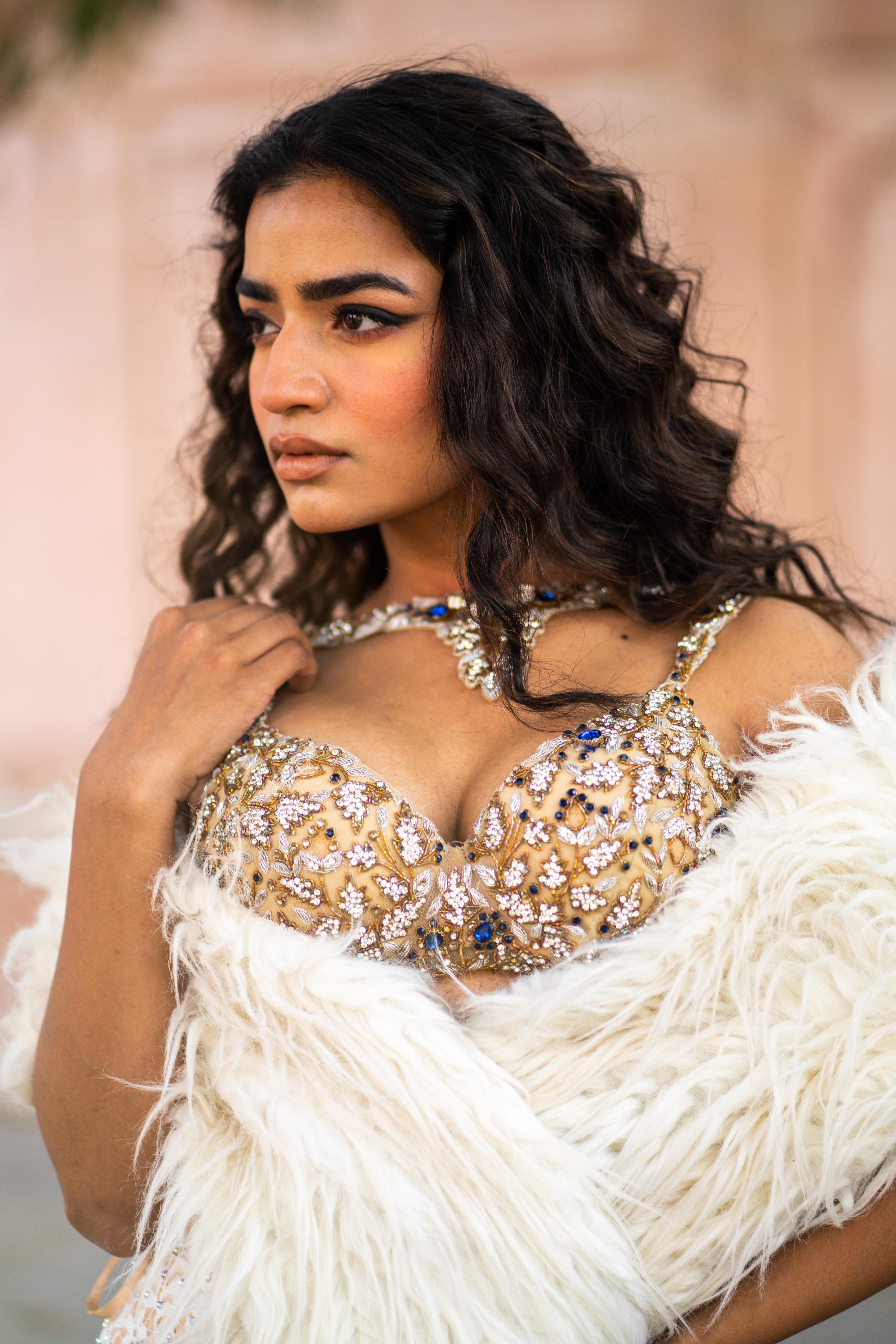 Golden Embellished Bustier & Ivory Lace Mermaid Skirt Set with Faux-Fur Shrug!