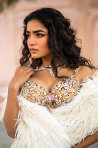 Golden Embellished Bustier & Ivory Lace Mermaid Skirt Set with Faux-Fur Shrug!