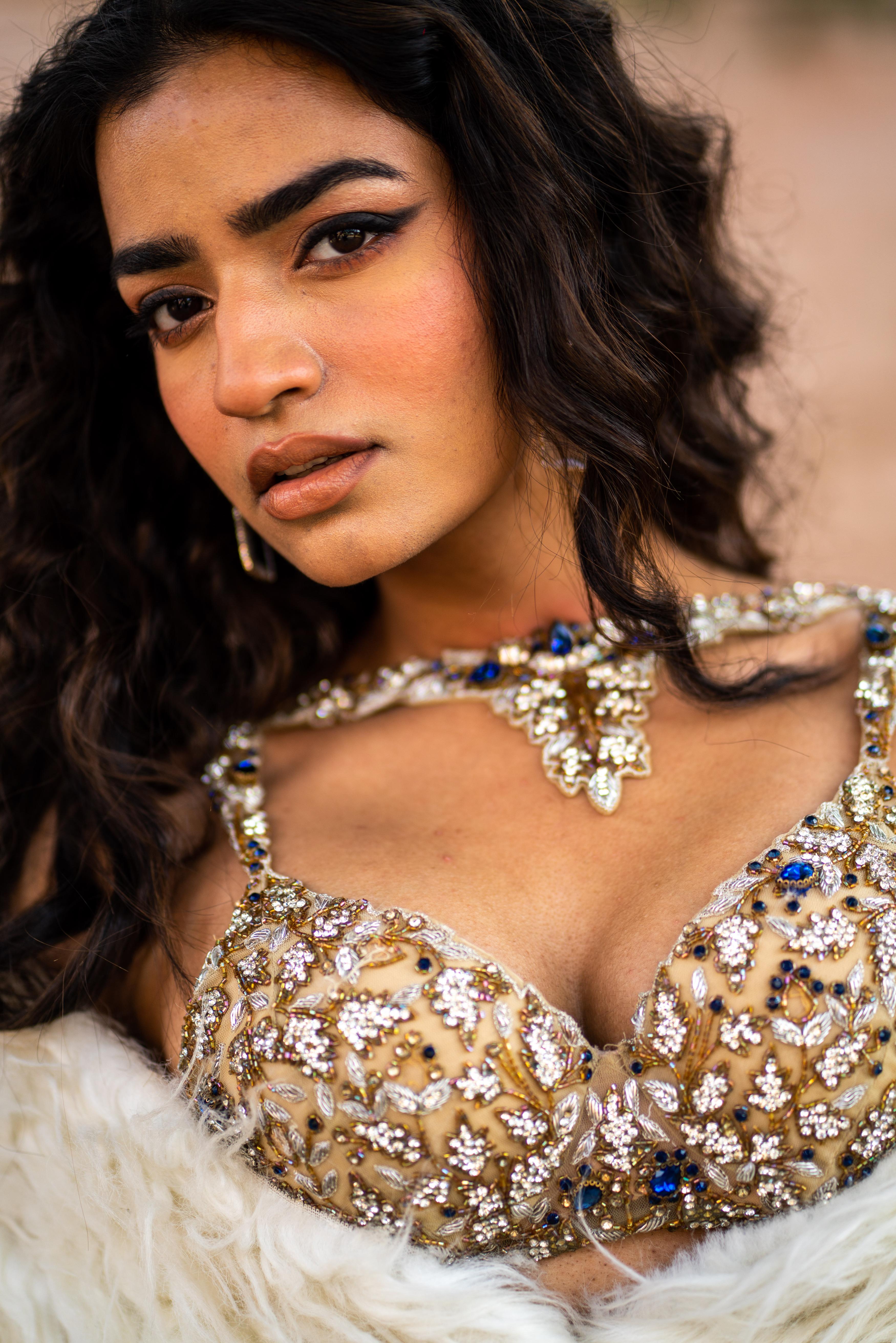 Golden Embellished Bustier & Ivory Lace Mermaid Skirt Set with Faux-Fur Shrug!