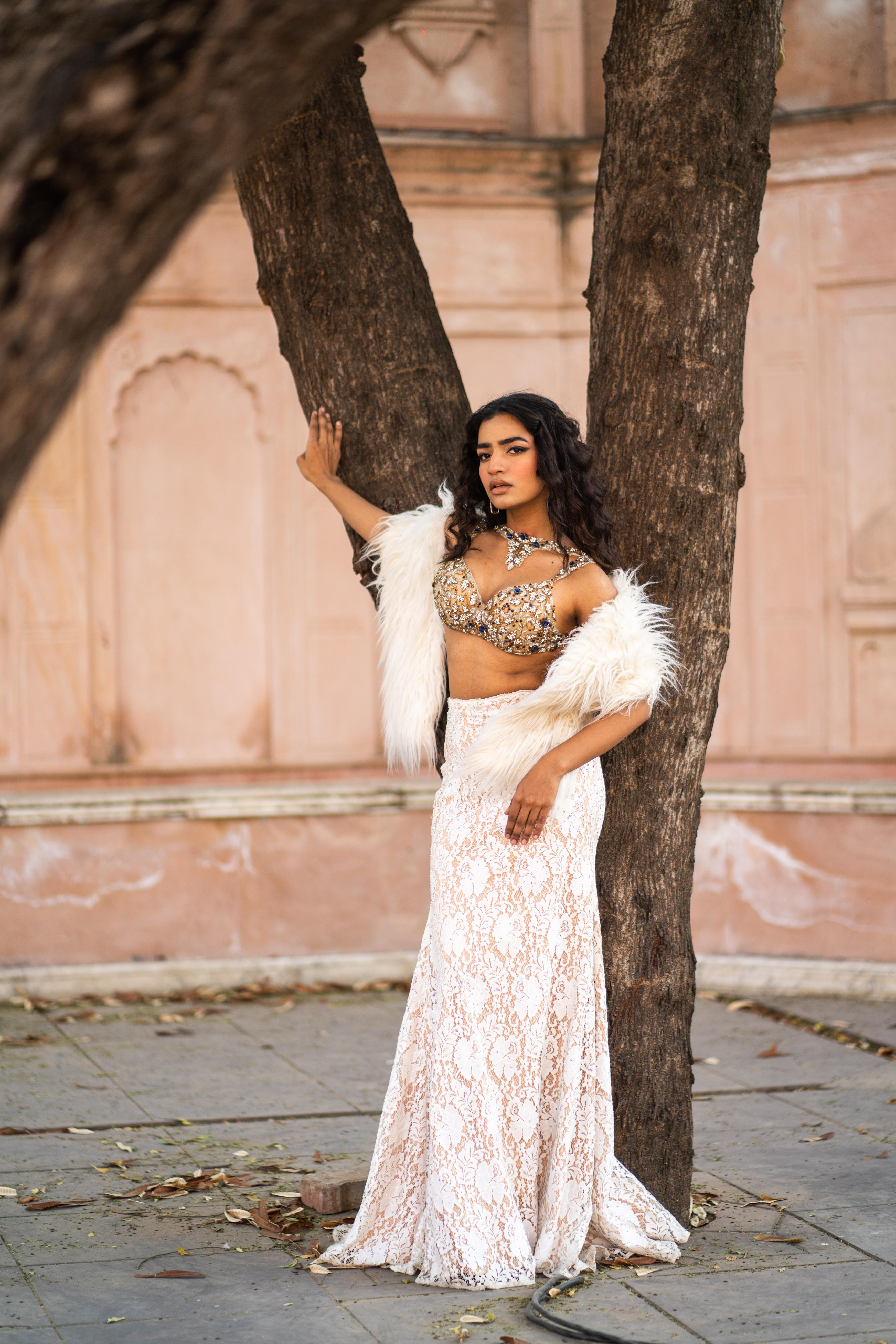 Golden Embellished Bustier & Ivory Lace Mermaid Skirt Set with Faux-Fur Shrug!