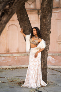 Golden Embellished Bustier & Ivory Lace Mermaid Skirt Set with Faux-Fur Shrug!