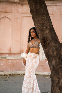 Golden Embellished Bustier & Ivory Lace Mermaid Skirt Set with Faux-Fur Shrug!