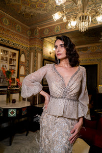 Champagne Embellished Peplum Gown with Textured Skirt!
