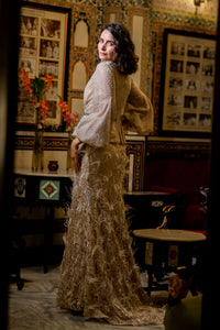 Champagne Embellished Peplum Gown with Textured Skirt!