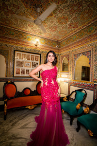 Fuchsia One-Shoulder Couture Gown with 3D Floral Appliqué!